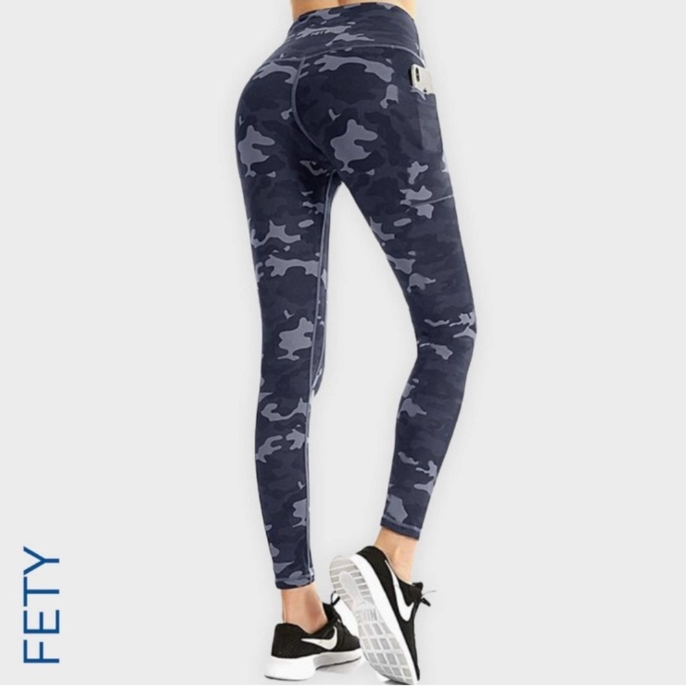 FETY High Waist Full Length Yoga Pants Leggings Gray/Black Camo Two pocket Small